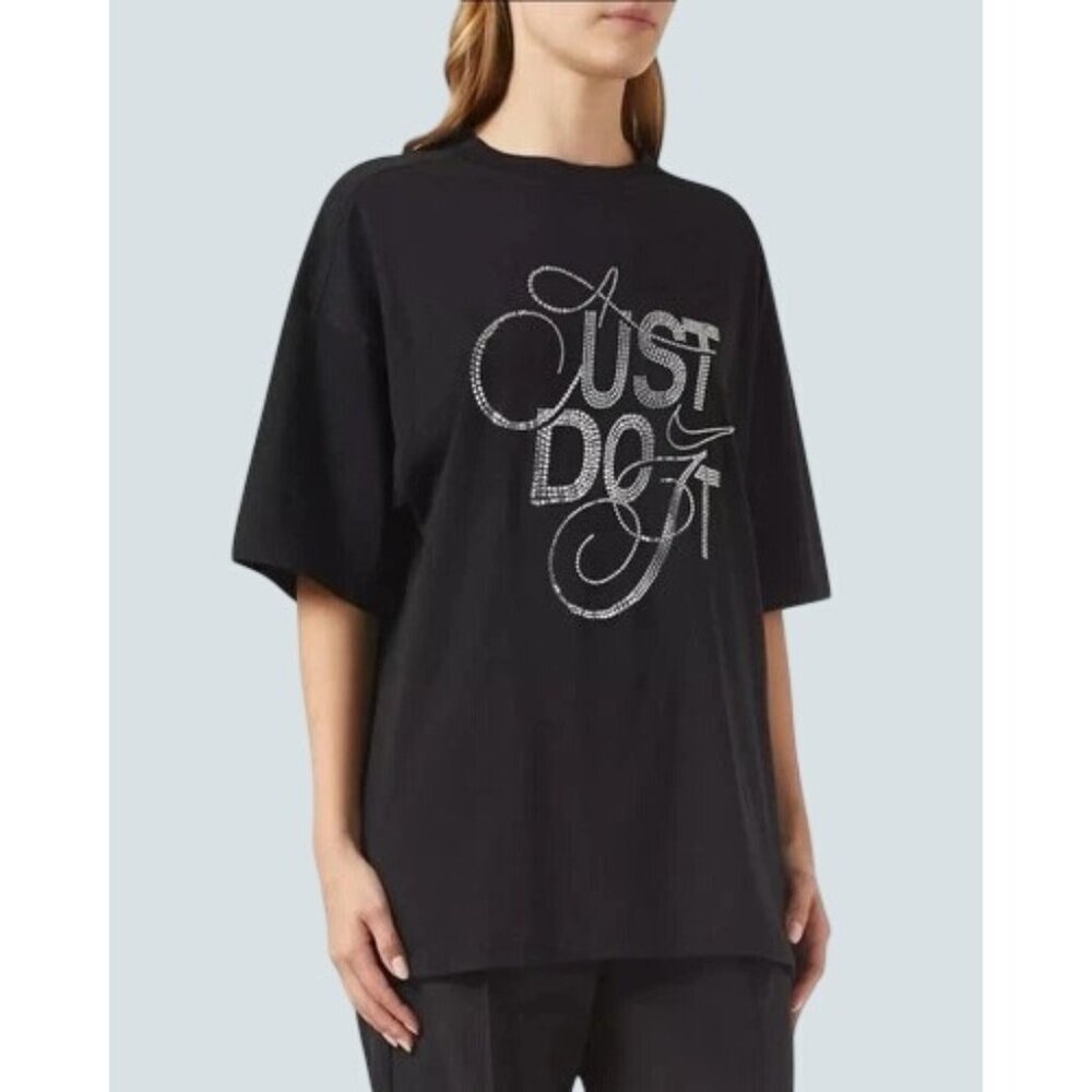 Nike Womens Black Oversized Fit T-Shirt With Rhinestone "Just Do It" Graphic M